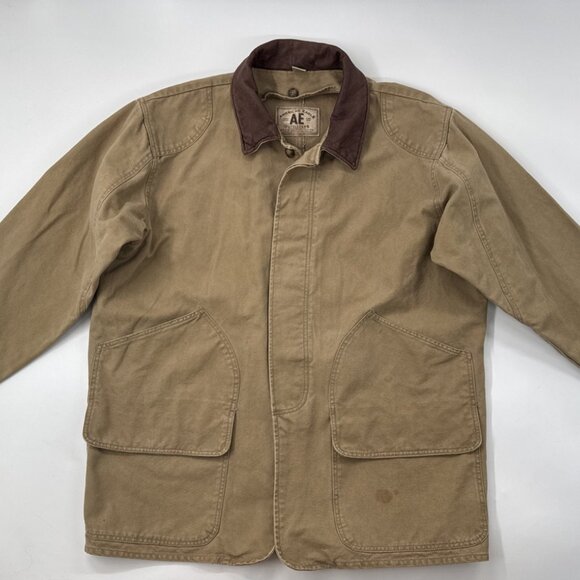 American Eagle Mens Chore Barn Coat Canvas Leather Collar Tan Button Medium - Picture 12 of 16